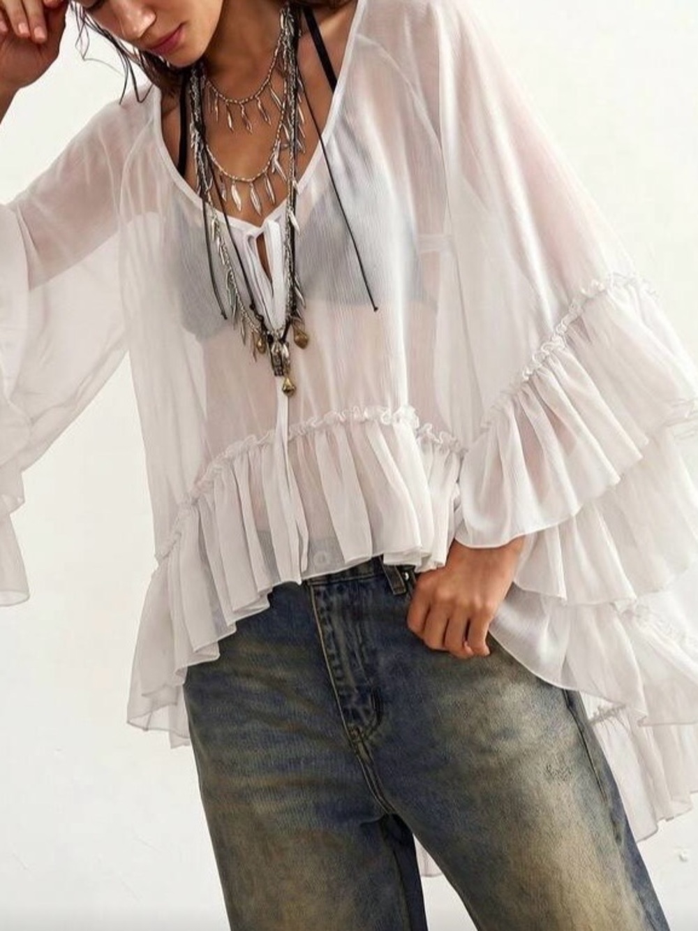 Sheer Ruffle Peasant Blouse - Blue - Picture 3 of 8